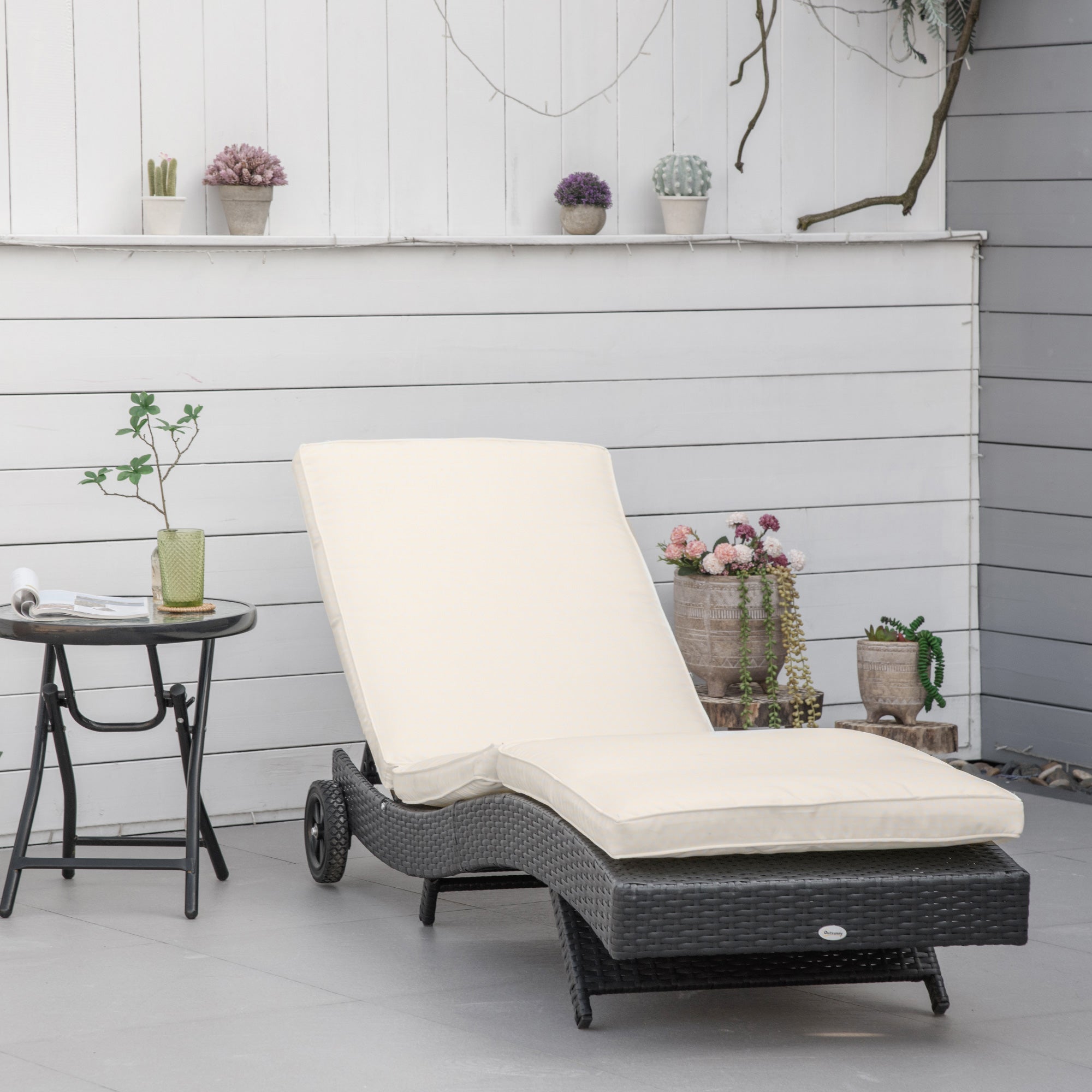 EasyComfort Sdraio da Giardino in Rattan PE con Schienale Regolabile e Cuscino, 207x70x70cm, Nero