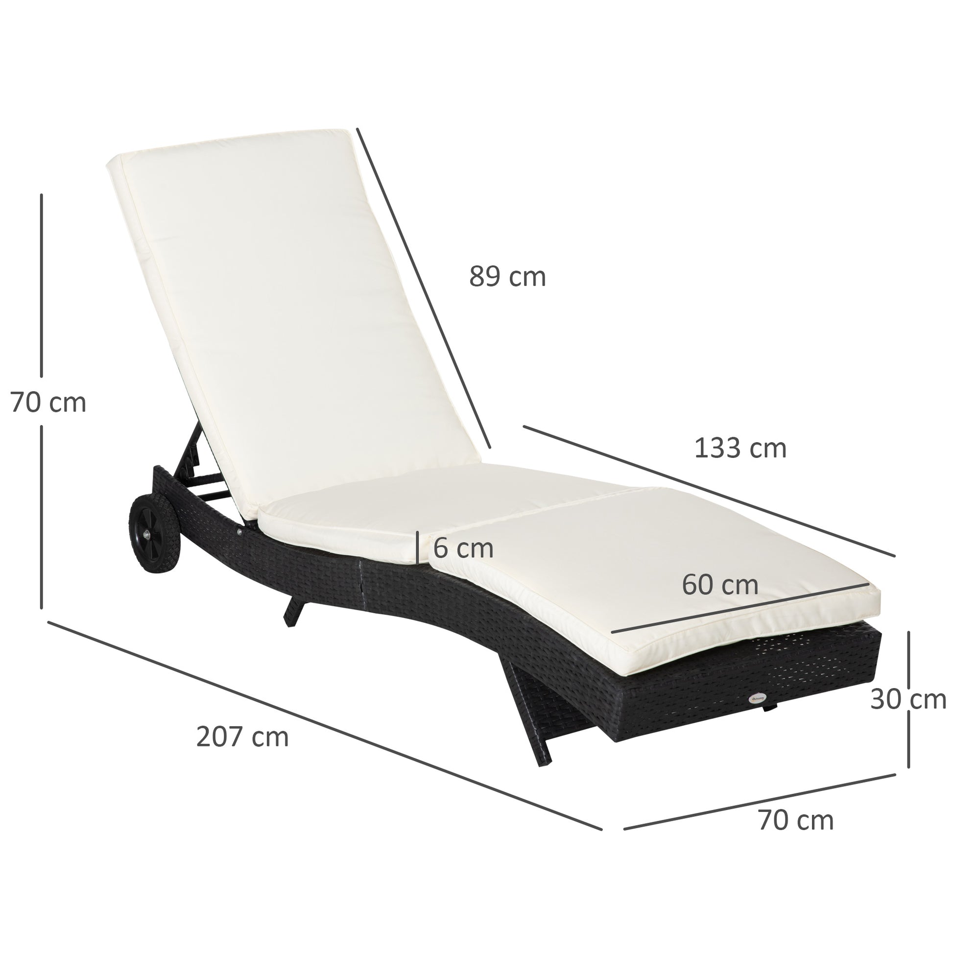 EasyComfort Sdraio da Giardino in Rattan PE con Schienale Regolabile e Cuscino, 207x70x70cm, Nero