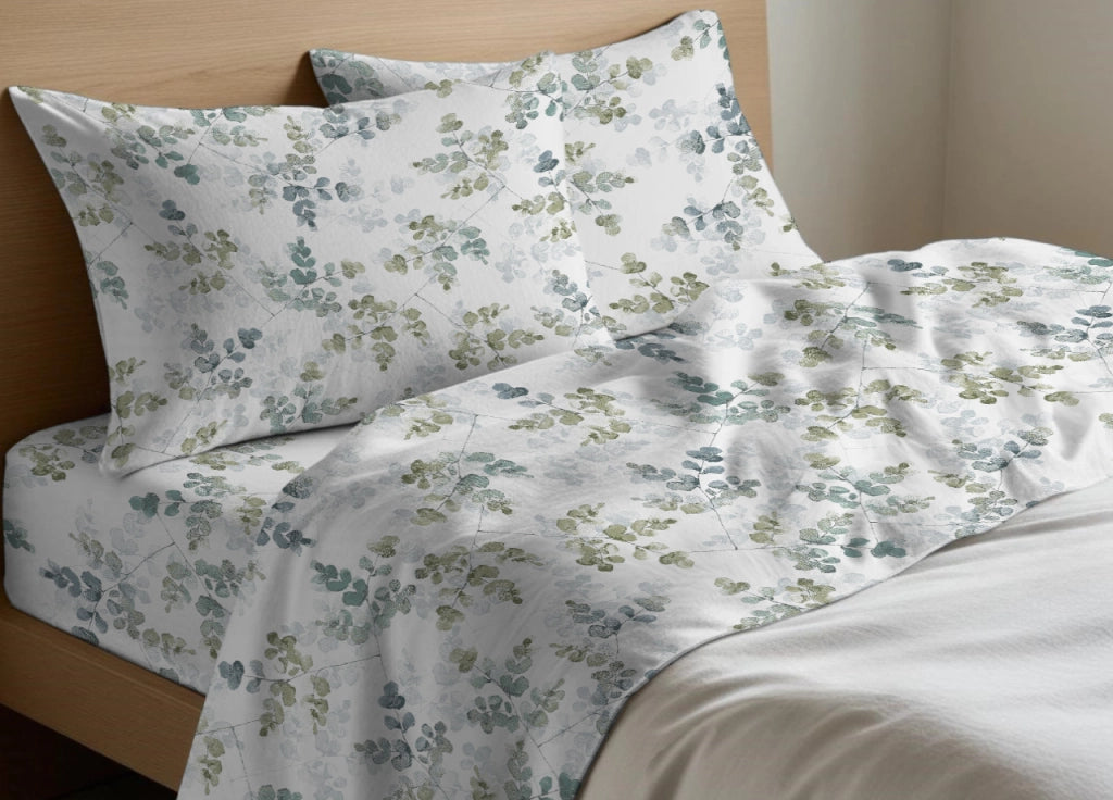 Completo Lenzuola Letto In 100% Cotone Made Italy Disegno Petalo - Maxi - Verde