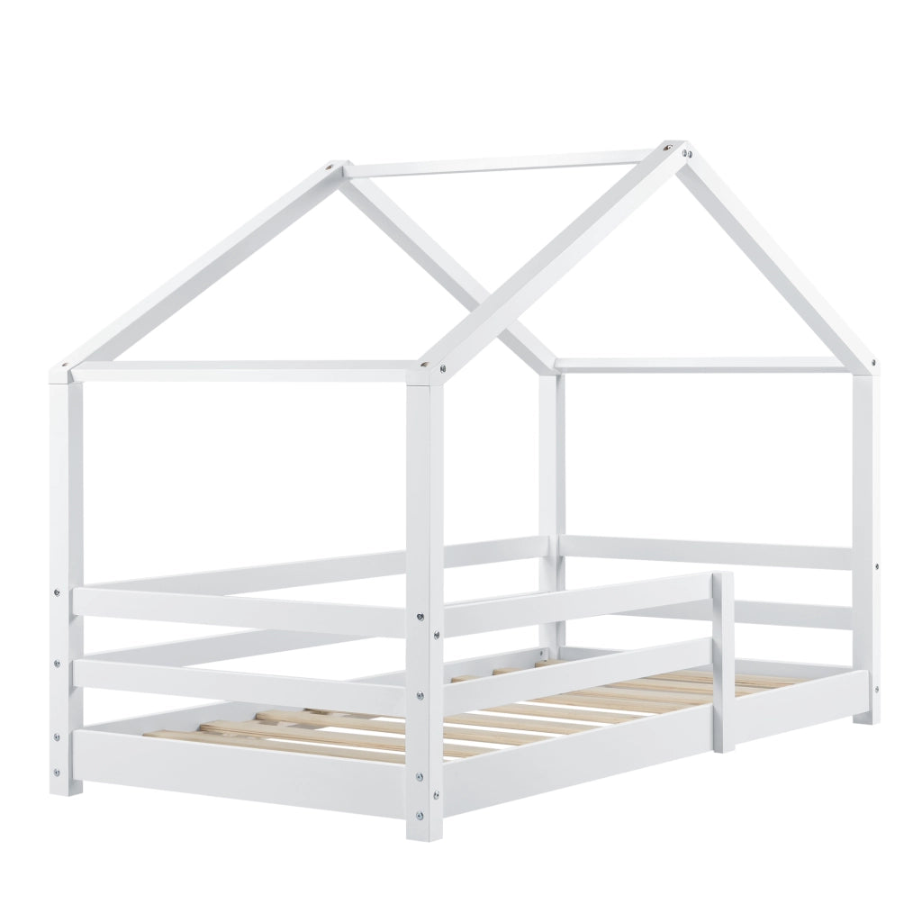 Letto per Bambino a Forma di Casetta con Barriere di Sicurezza e Materasso Ortopedico 70 x 140 cm Lettino in Legno di Pino con Sponde - Bianco