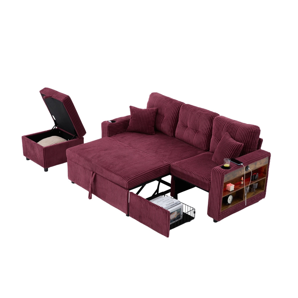 Divano in tessuto corduroy con contenitore, funzione letto, USB-C, LED e portabicchieri