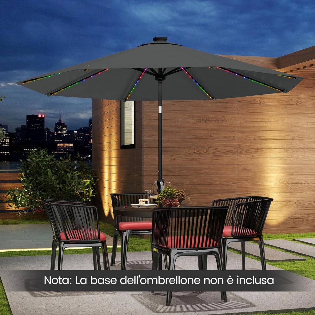 Ombrellone da Esterno 288 cm, con 96 Luci LED, Ombrellone Giardino con Inclinazione Regolabile, Manovella, 8 Stecche e Top Ventilato, Parasole da Mercato per Giardino Spiaggia (Grigio)