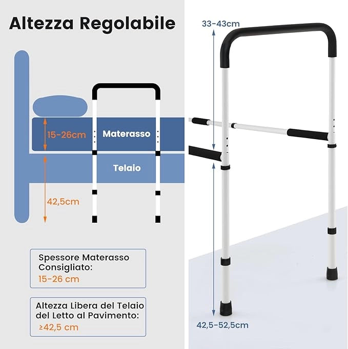 Barra di Supporto per Letto, Barra Regolabili in Lunghezza e Altezza, Sponda Letto Anziani in Metallo Ricoperti di Schiuma per Anziani, Bambini e Disabili, Portata 160 kg
