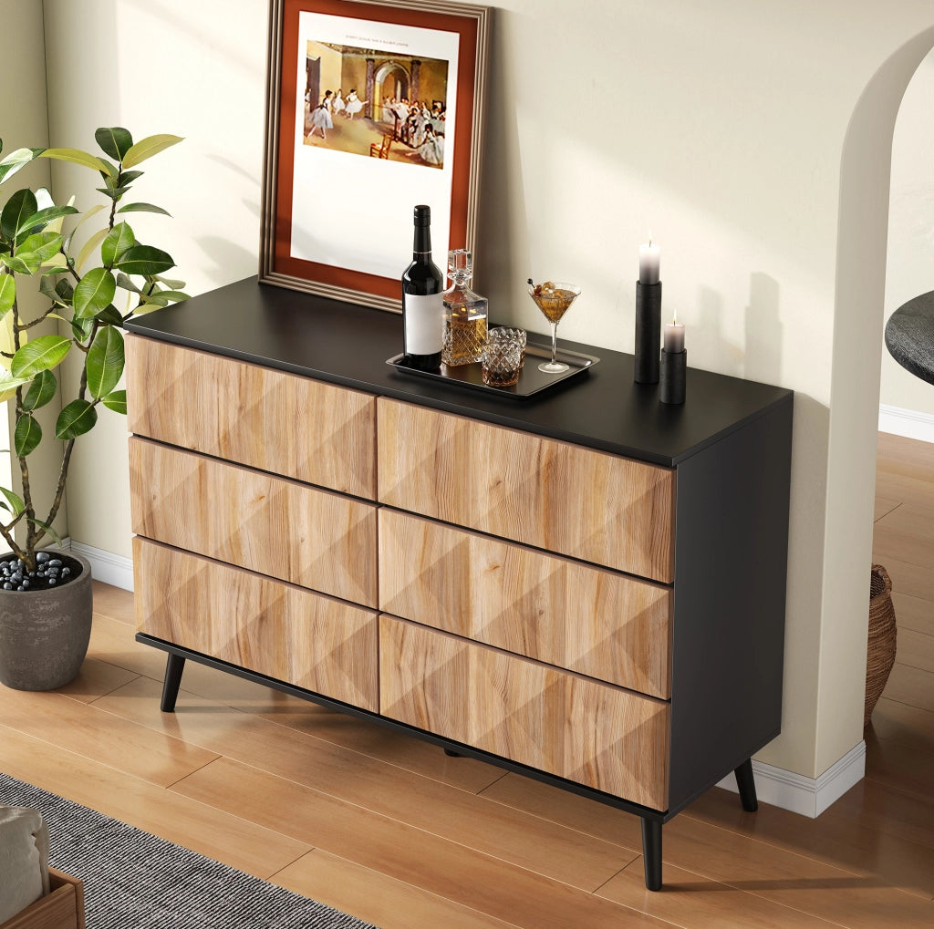 Sideboard in nero e legno naturale con 6 cassetti elevati e struttura robusta 120x40x85 cm