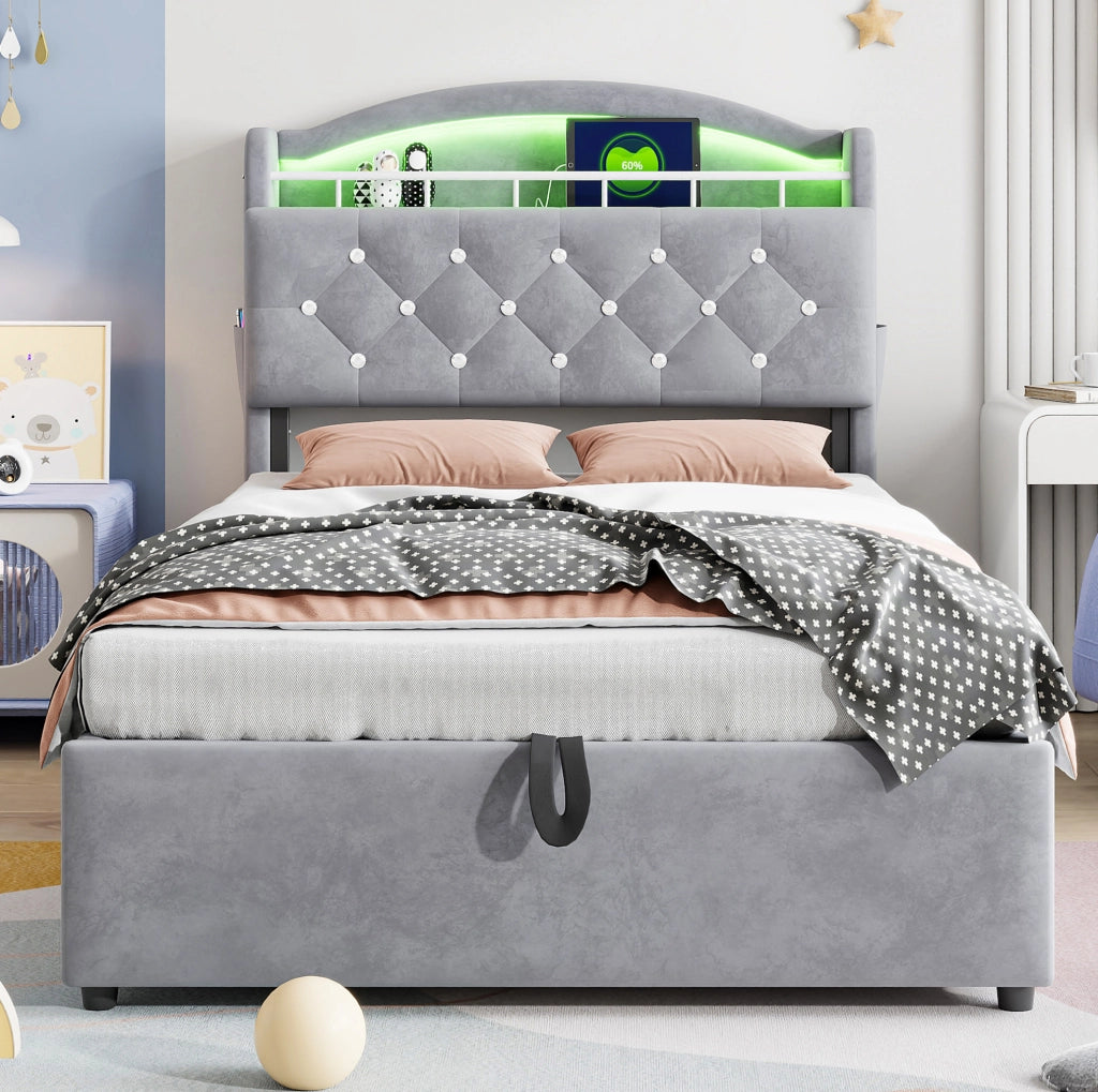 Letto singolo imbottito per bambini 90x200 cm con velluto, contenitore, LED e porte USB grigio