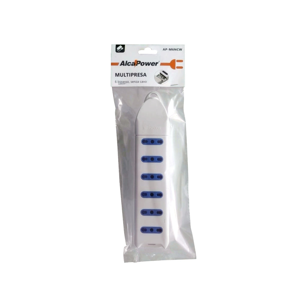 Alcapower Multipresa Elettrica 6 Posti Bipasso 10/16A Standard Italiano, Potenza Massima 2500W, Tensione 250V AC, Design Compatto Senza Cavo, Bianca