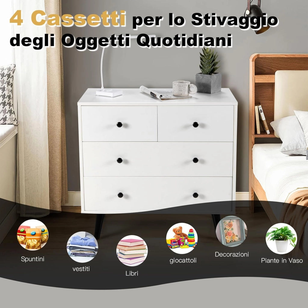 Cassettiera a 4 Cassetti, Cassettiera Moderna in Legno, per Soggiorno, Camera da Letto e Ingresso, 80 x 39,5 x 76 cm
