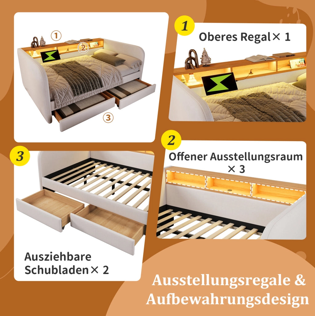 Letto imbottito 140x190 cm con LED, USB-C e 2 cassetti beige