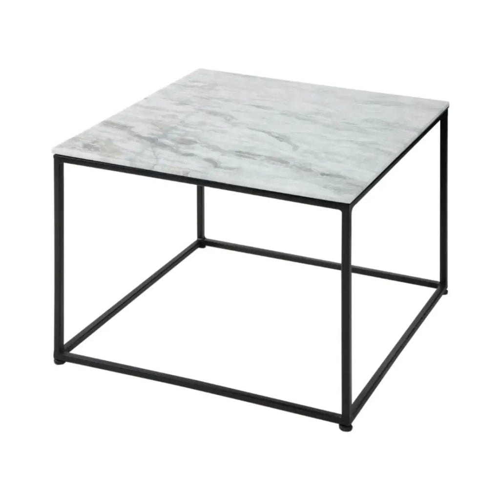 Tavolino basso VORTEX 50 cm in marmo bianco lucido con struttura in metallo nero