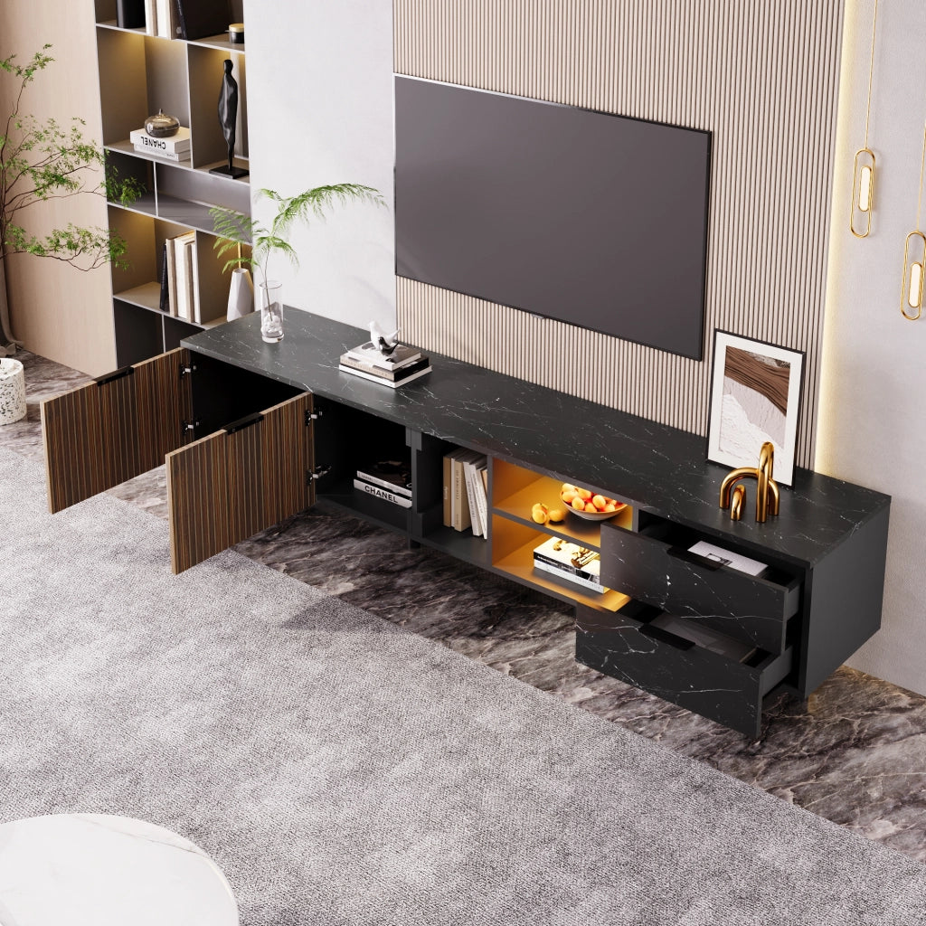 OKWISH Mobile TV con 2 Ante, 2 Cassetti, 2 Vani e LED, per Soggiorno, in MDF, Nero ed Effetto Legno, 200 x 38 x 50 cm