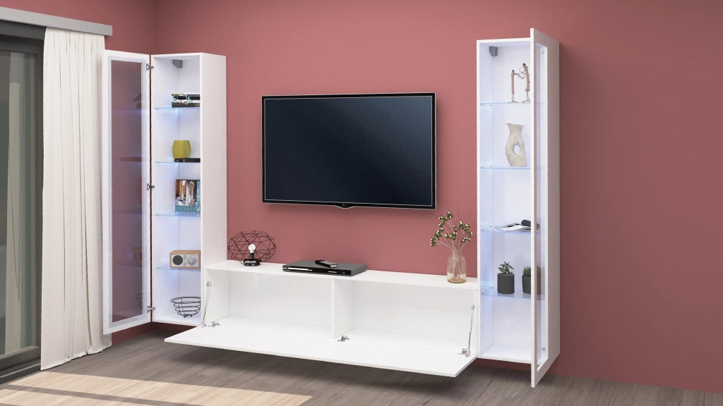 Parete attrezzata sospesa bianca soggiorno mobile TV 2 vetrine Liv WH