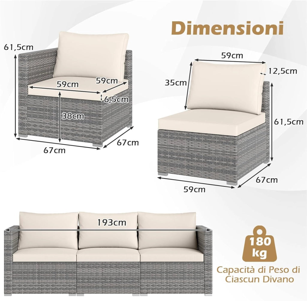 Set Divani da Giardino 3 Pezzi, Set di Mobili Salotto in Rattan PE con Cuscini Morbidi, Set Conversazione da Esterno per Veranda e Bordo Piscina (Bianco)