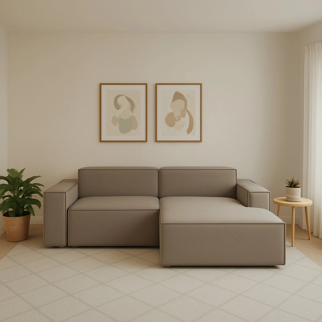 Divano fisso Ameli, Divano componibile a 2 posti large con penisola destra, Made in Italy, SofÒ  moderno in tessuto, Cm 240x170h70, Tortora