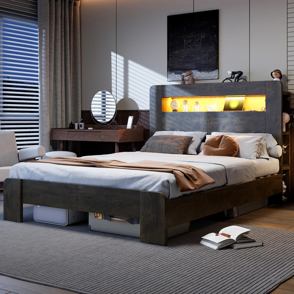 LETTO Piattaforma con testiera contenitore, LED e prese, 140x200 cm, Legno vintage
