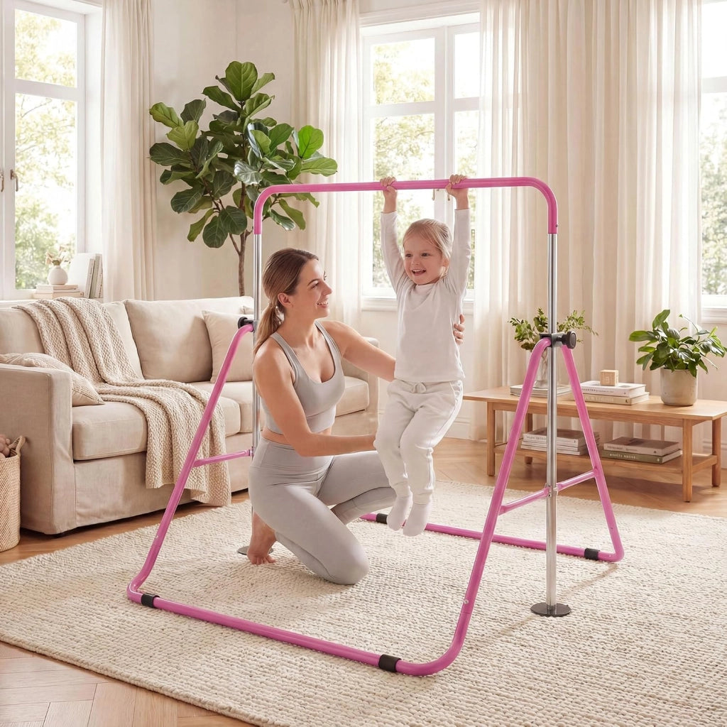KOMFOTTEU Barra da ginnastica pieghevole per bambini, barra orizzontale con altezza regolabile in 5 livelli da 90 a 130 cm, carico di 70 kg, attrezzatura portatile per allenamento per interni esterni