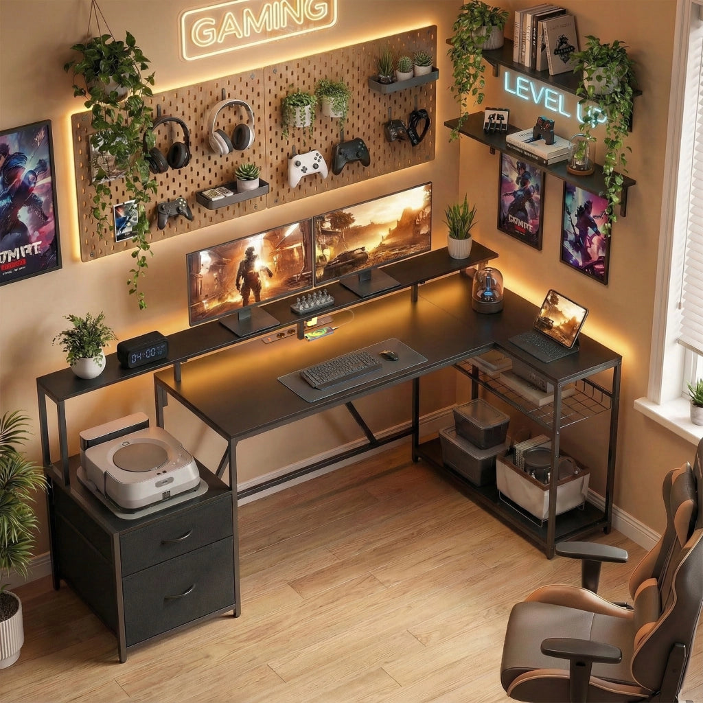 Scrivania Gaming Angolare con Hub Ricarica e LED ¨C Zephmum ¨C Legno e Acciaio Nero 192.5x80x86.5 cm