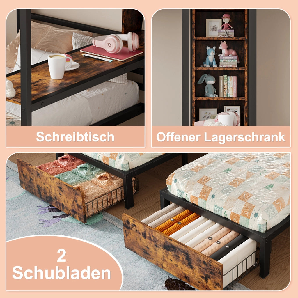 DESMIU Lit a castello 3 posti 140 × 200 cm e 90 × 200 cm con contenitori, 2 cassetti, senza materasso, in metallo e MDF, nero