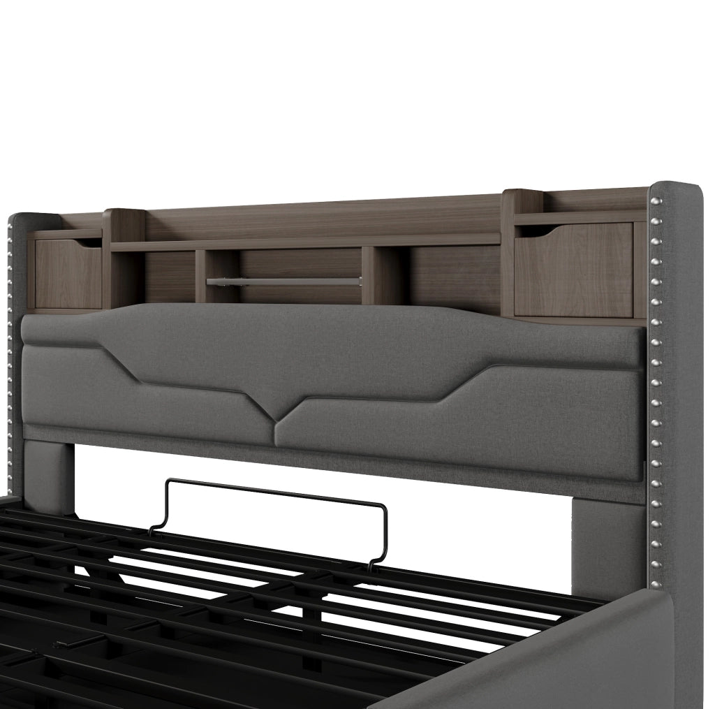 Letto imbottito 180x200 cm con contenitore idraulico; LED e prese USB; grigio