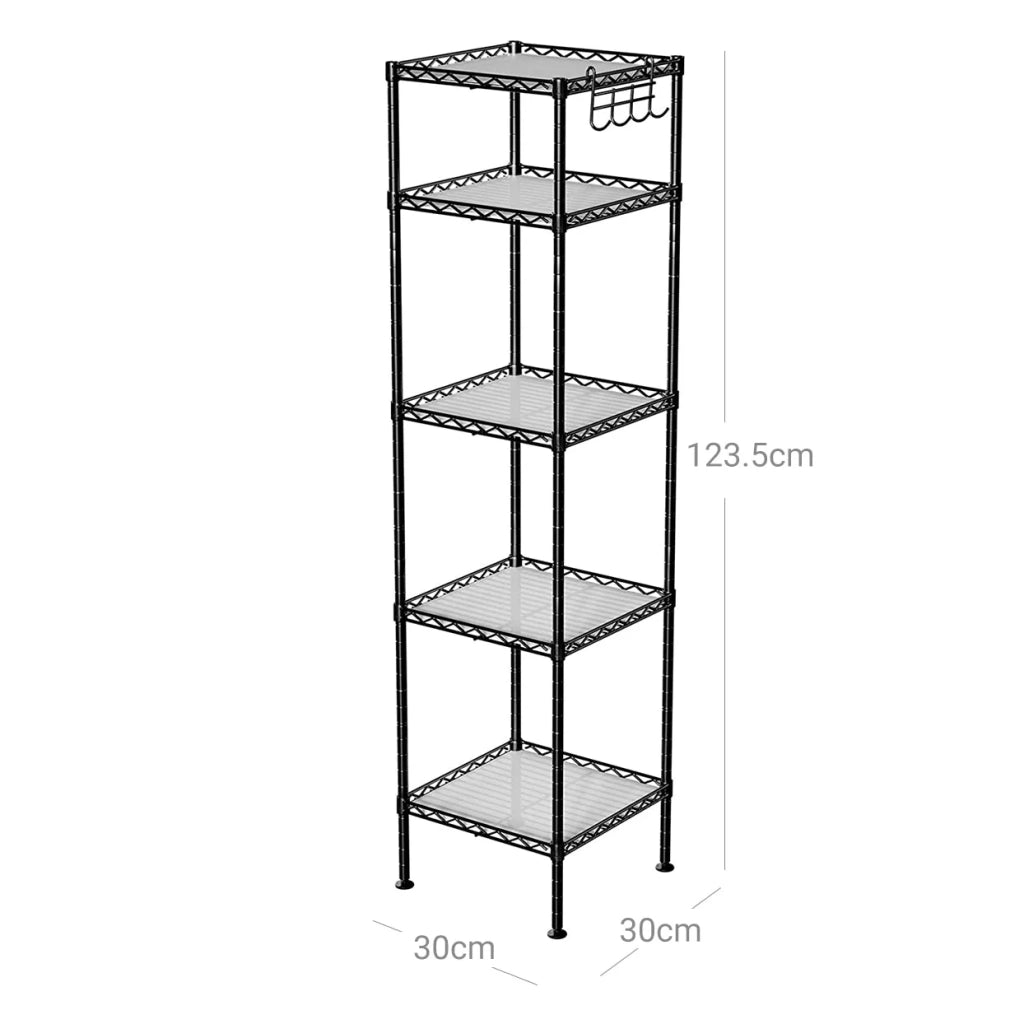 Scaffale da bagno a 5 ripiani robusto scaffale angolare in metallo capacità di carico 100 kg con 5 ripiani in plastica ganci rimovibili 30 x 30 x 1235 cm estensibile nero 12_0005803