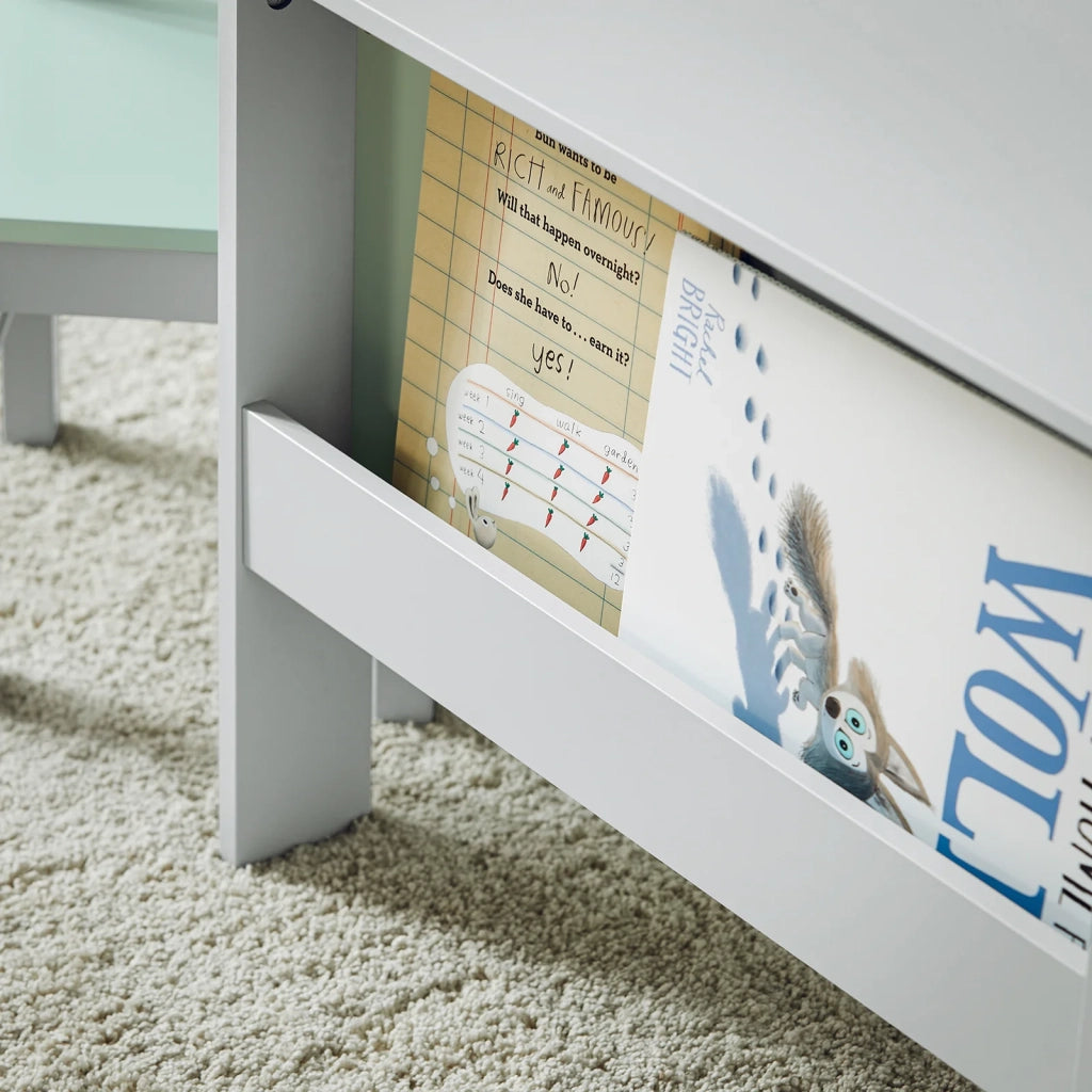 Tavolo Per Bambini Con 2 Sedie, Set Tavolo E 2 Sedie Per Bambini, Scrivania Per Bambini Con 2 Ripiani Laterali Per Libri Grigio Chiaro E Verde, KMB88-HG SoBuy