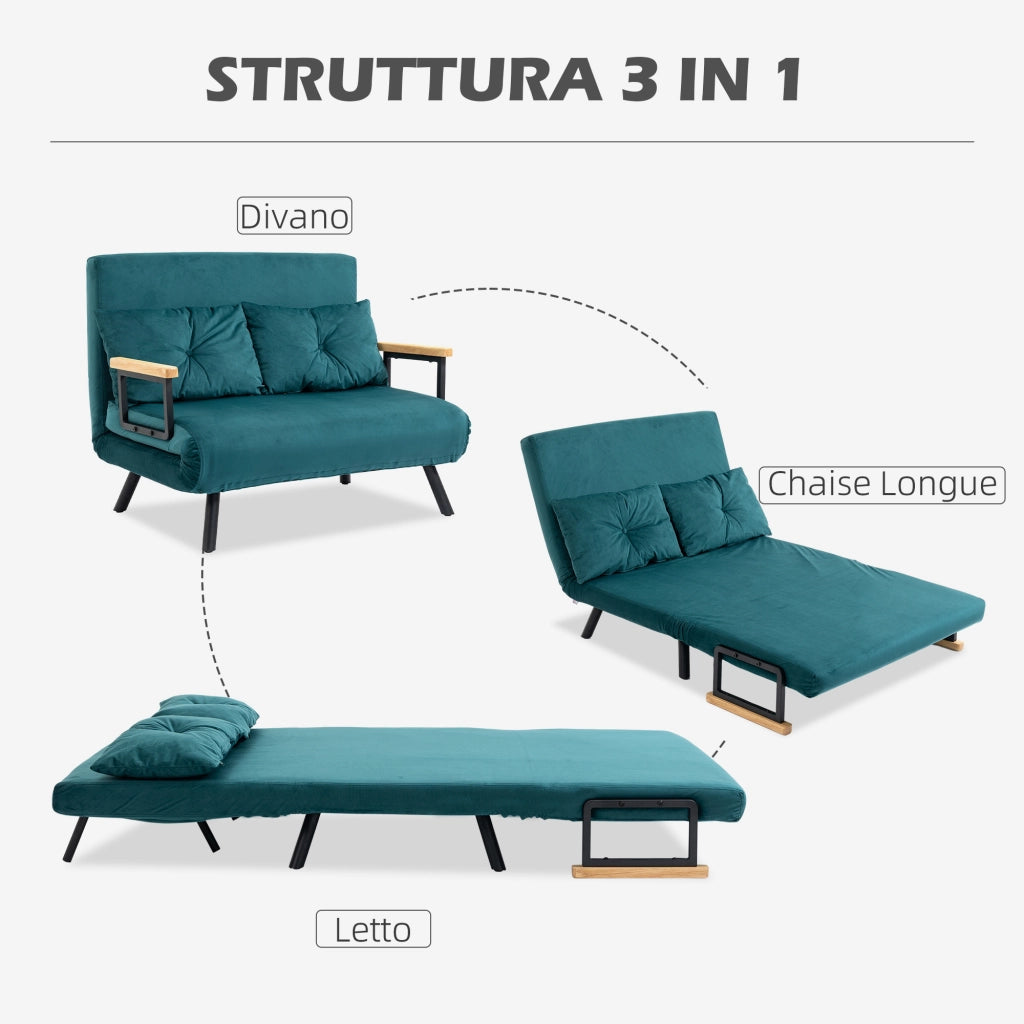 EasyComfort Divano Letto Matrimoniale 3 in 1 Vellutato con Schienale Regolabile in 5 Livelli e Cuscini, Blu Scuro