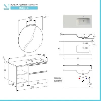 Mobile bagno sospeso 100 cm rovere miele con cassetti e vani a giorno completo di lavabo a destra e specchio contenitore Master