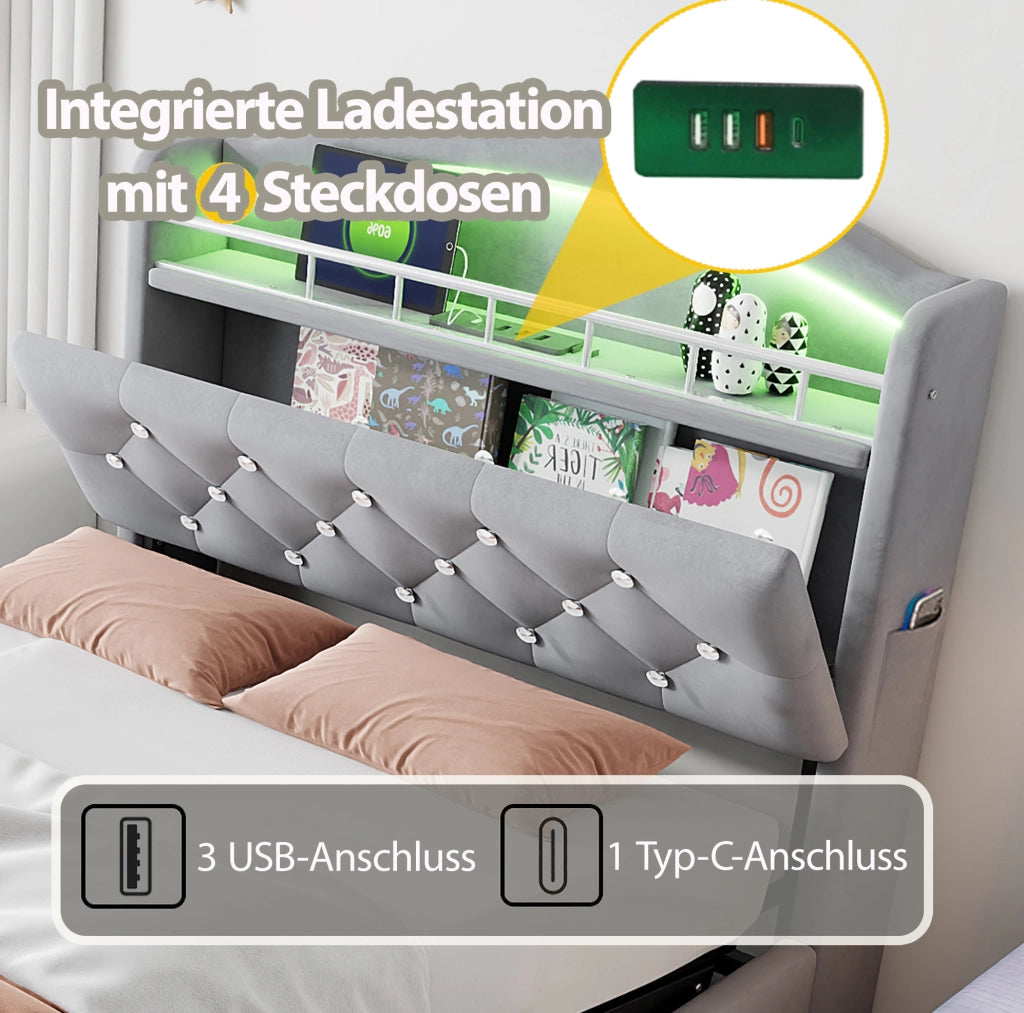 Letto imbottito per bambini con contenitore e luci LED