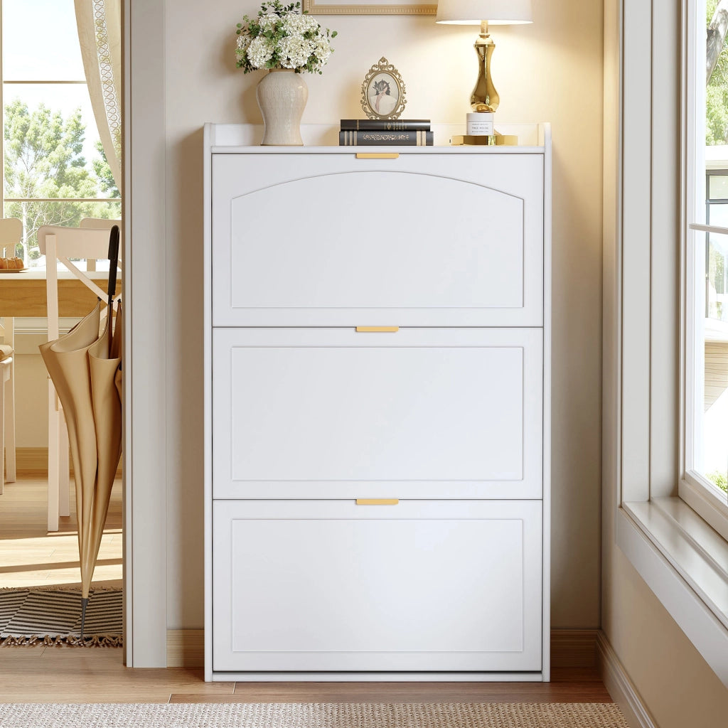 Scarpiera salvaspazio con 3 ante ribaltabili e 3 vani, per ingresso e soggiorno, in truciolare, bianco, 76 × 23 × 118 cm