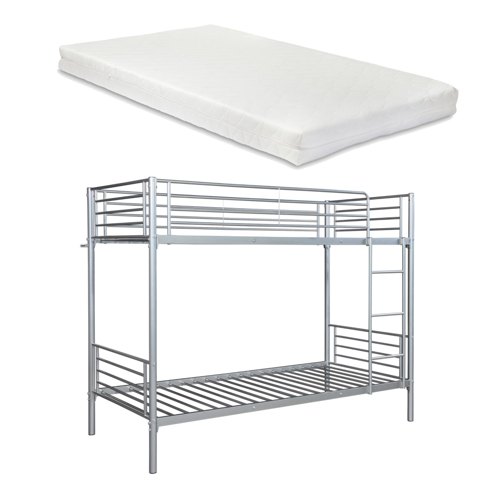 Letto a Castello Soppsar con 2 Materassi 200 x 90 cm Barriera Anticaduta e Scaletta - Argento [en.casa]