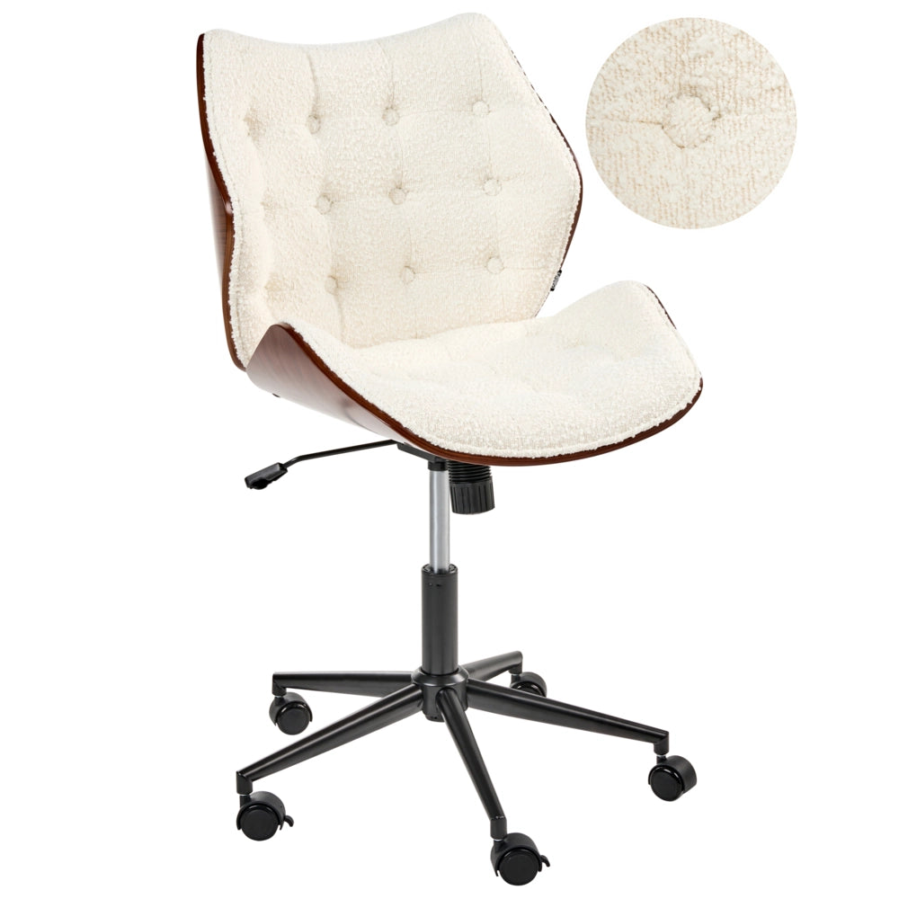 Sedia da ufficio regolabile con funzione girevole Seduta in compensato con rivestimento in tessuto bouclé Marrone scuro e bianco sporco elegante