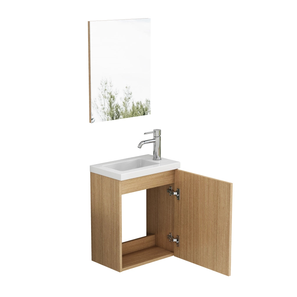Mobile bagno sospeso con lavabo in ceramica e specchio; cerniere ammortizzate e maniglie in metallo; per bagno; in MDF; rovere