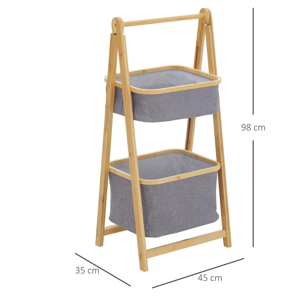 2 Cestini in Tessuto con Supporto Pieghevole 45x35x98 cm in Bambù Grigio