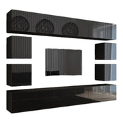 Set di mobili da soggiorno neri sospesi collezione CEPTO XVII 249cm, 10 pezzi, con LED, modulari.