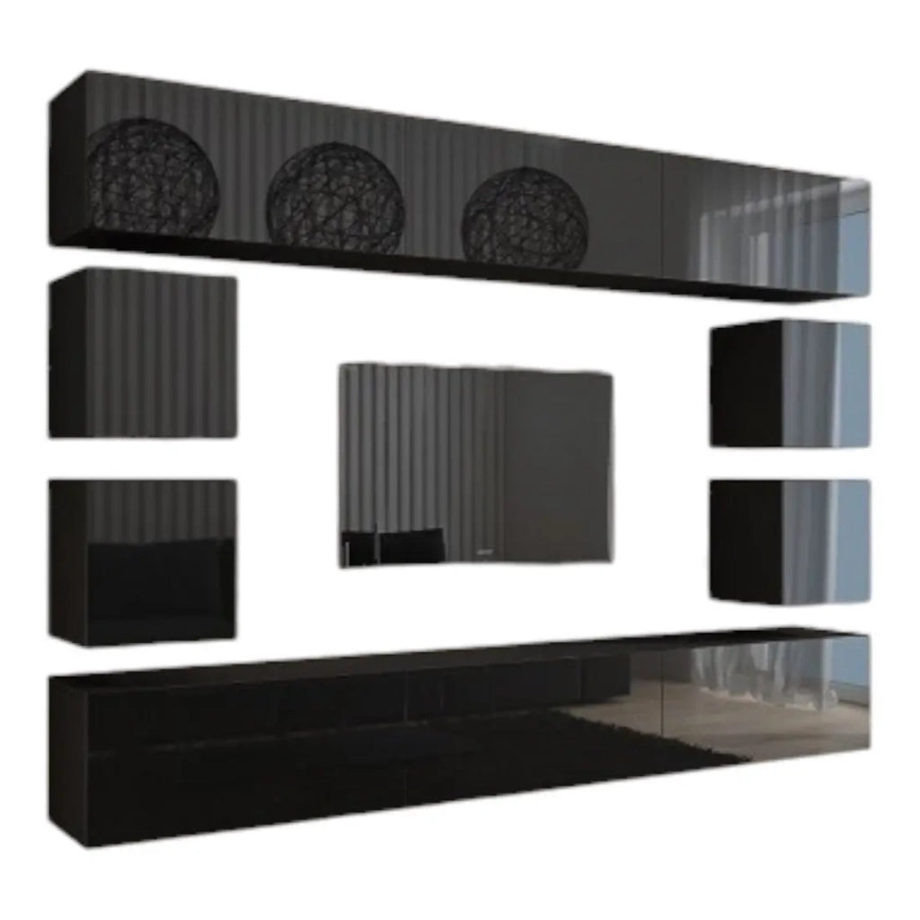 Set di mobili da soggiorno neri sospesi collezione CEPTO XVII 249cm, 10 pezzi, con LED, modulari.