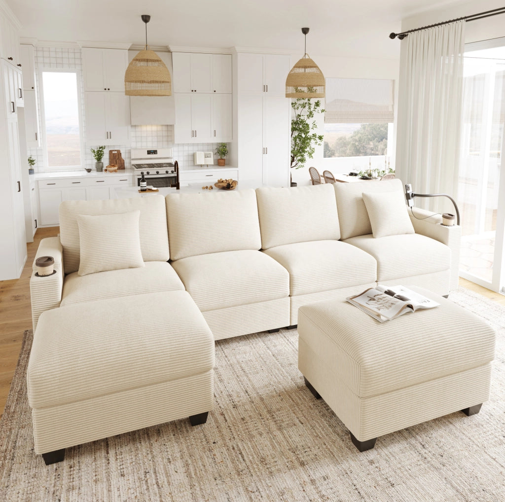 Divano modulare beige in velluto a coste con USB e portaoggetti