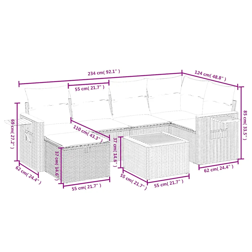 Set Divani da Giardino 7 pz con Cuscini Beige in Polyrattan 3265524