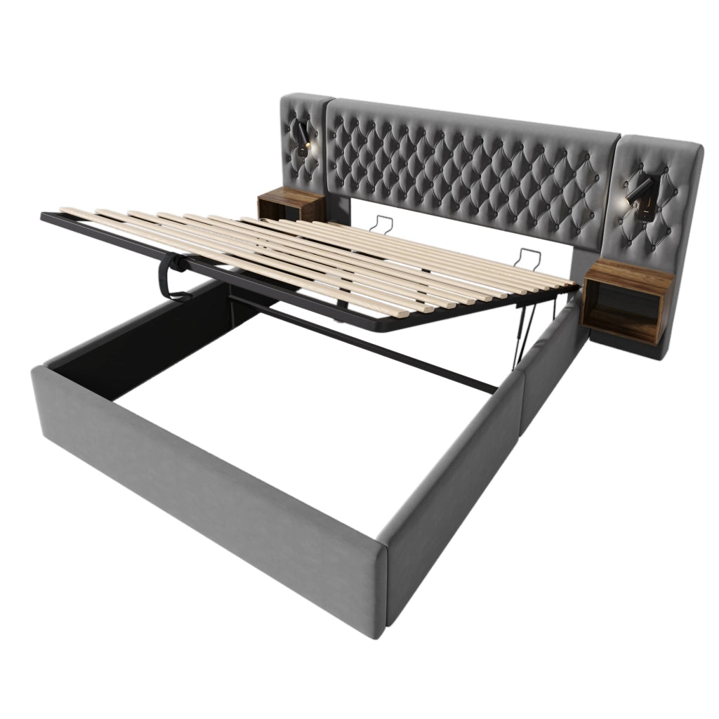 OKWISH Camera Completa con Letto Contenitore Idraulico 180 x 200 cm e 2 Comodini con Luci da Lettura e Porte USB, Velluto Grigio