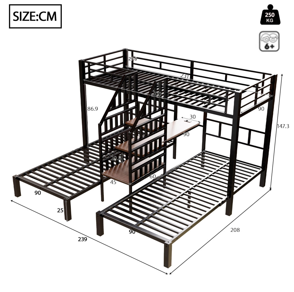 Letto a castello 3 posti 90 x 200 cm con LED; scrivania; USB e presa; nero