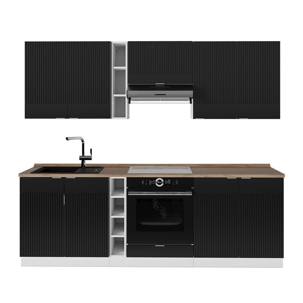 Cucina componibile Fame-Line Nero rigato/Bianco 235 cm, PL Rovere Vicco