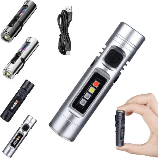 Lanterna Portatile Ricaricabile EDC - Mini Chiave Sospesa con Luce e Accendino - Con Base Magnetica - Per Campeggio e Escursionismo - Argento