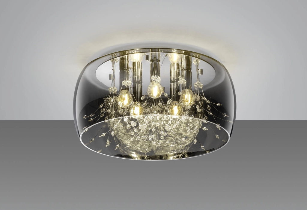 CRYSTEL PLAFONIERA METALLO CROMATO VETRO FUME' CROMATO CON DECORI EFFETTO CRISTALLO D. 50CM 5 LUCI ATTACCO E14