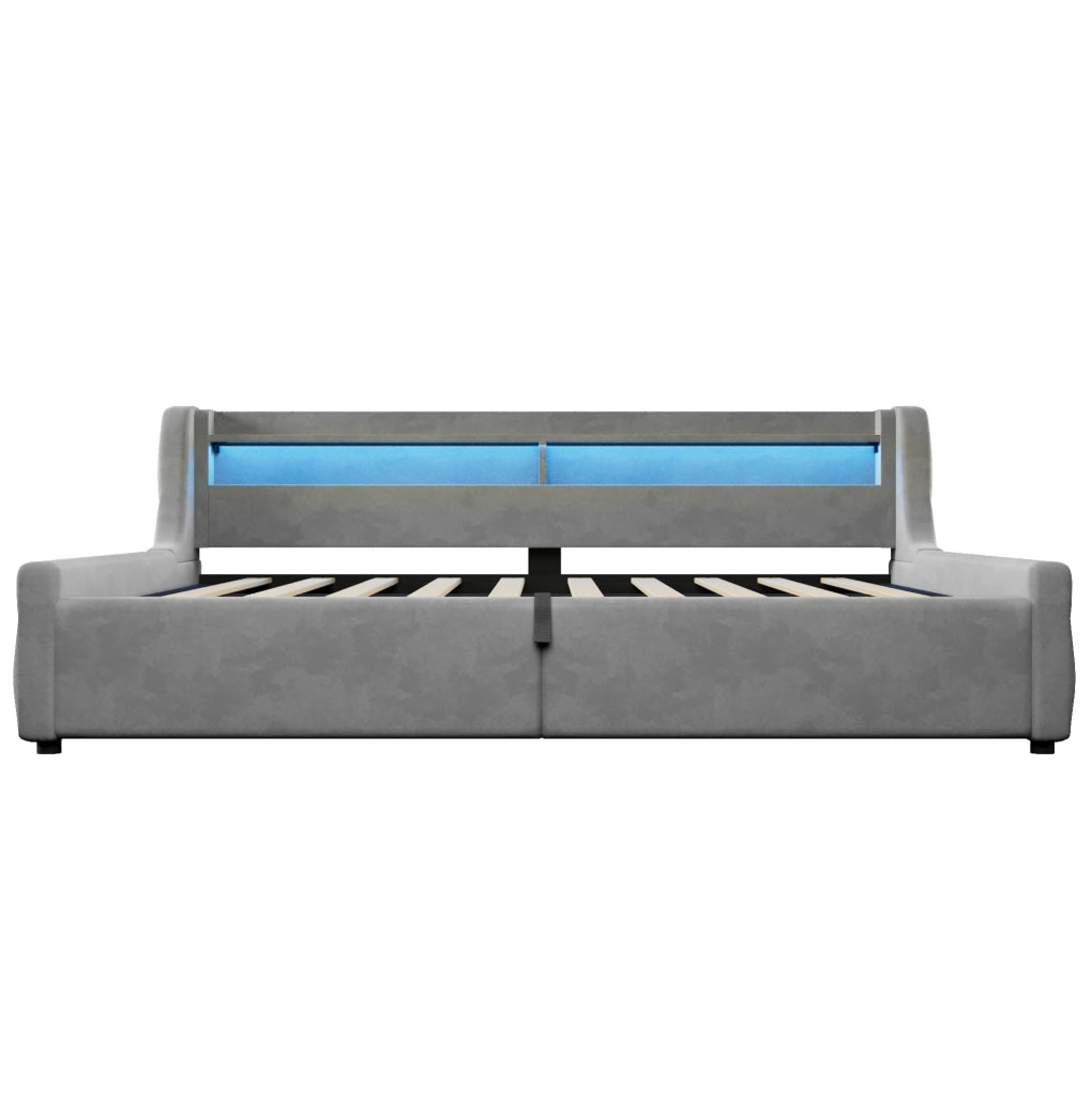 Letto imbottito 140x200 cm grigio con LED e contenitore