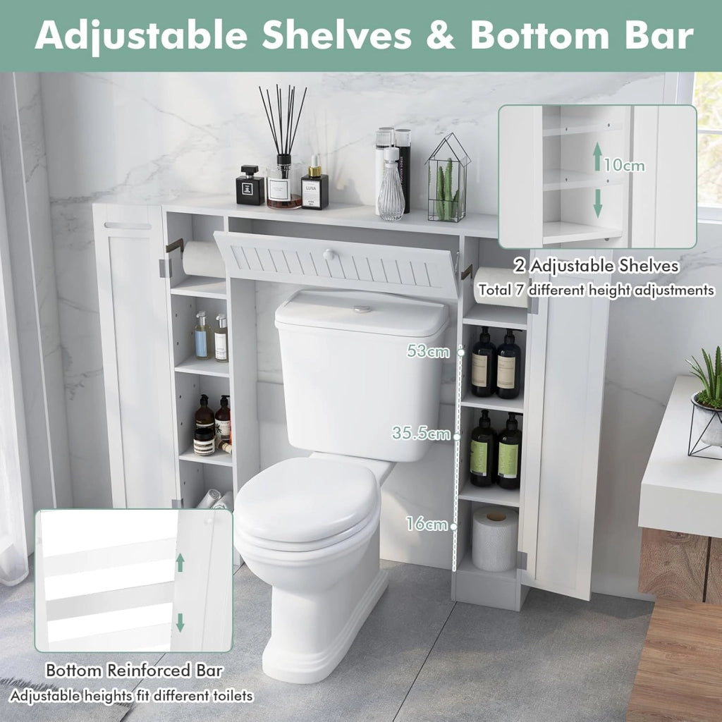 Mobile per Lavatrice, Mobile sopra Toilette, Mobiletto Bagno sopra Toilette, Armadietto da Incasso, in Legno, con Anta, Bagno Salvaspazio, con Porta Carta Igienica (Bianco)
