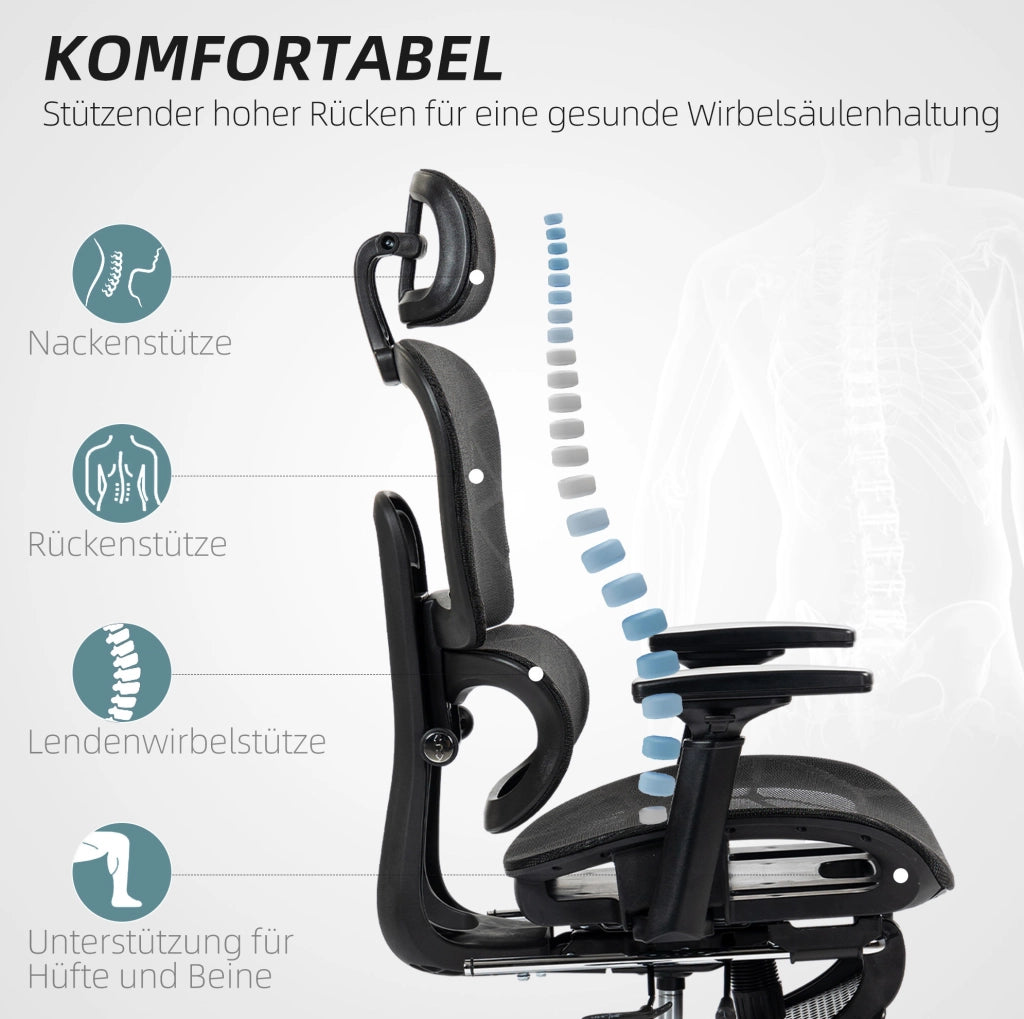 Sedia da ufficio ergonomica nera in rete con poggiapiedi