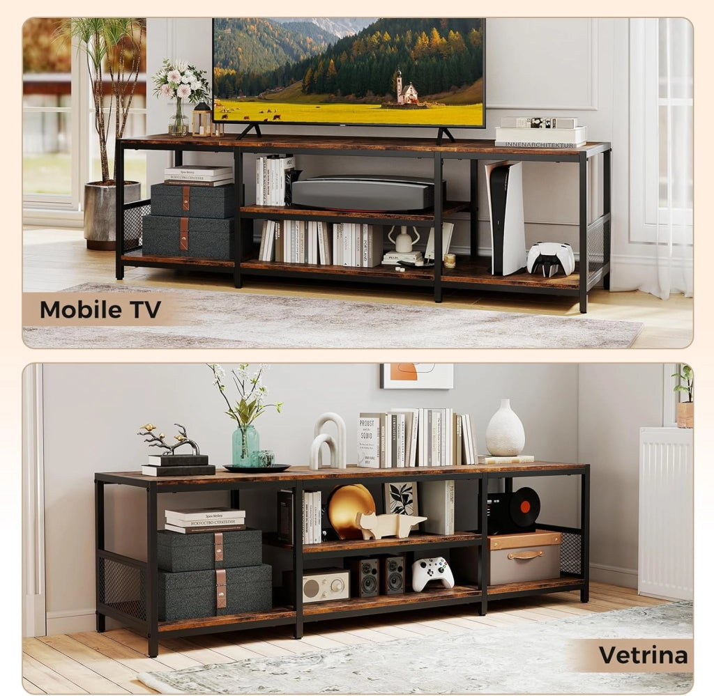 Mobile TV fino a 65’’, Mobile Porta TV con Mensole Aperte, Consolle Media Industriale, Centro Intrattenimento Basso Salotto, per Soggiorno e Camera da Letto