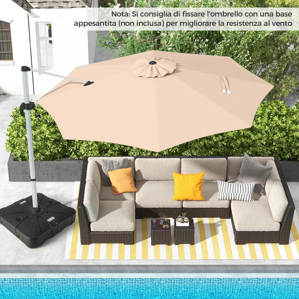 Ombrellone da Giardino 339 cm, Ombrello da Giardino Rotondo con Rotazione a 360°, Ombrellone da Giardino Inclinabile con Base, Ombrello da Sole per Giardino, Patio (Beige)
