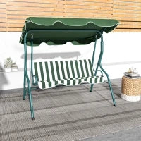 Dondolo 3 Posti con Tettuccio Regolabile e Cuscini, in Acciaio e Poliestere, 170x110x153 cm, Verde e Bianco