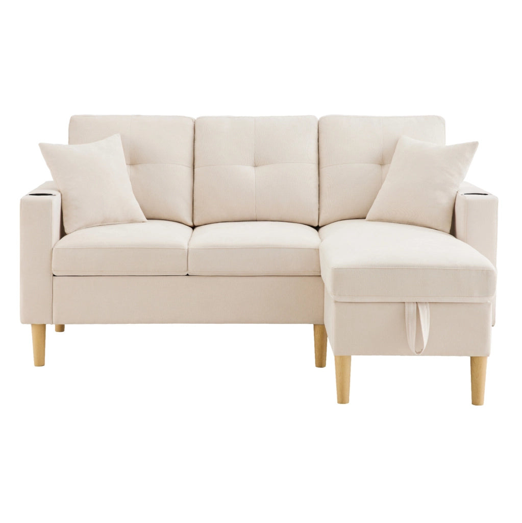 Sofa chaise longue 175x129x90 cm con contenitore; portabicchieri e cuscini; in legno; beige