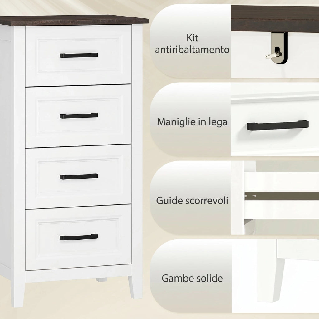 Cassettiera con 4 Cassetti. Mobile Alto per Camera da Letto e Soggiorno