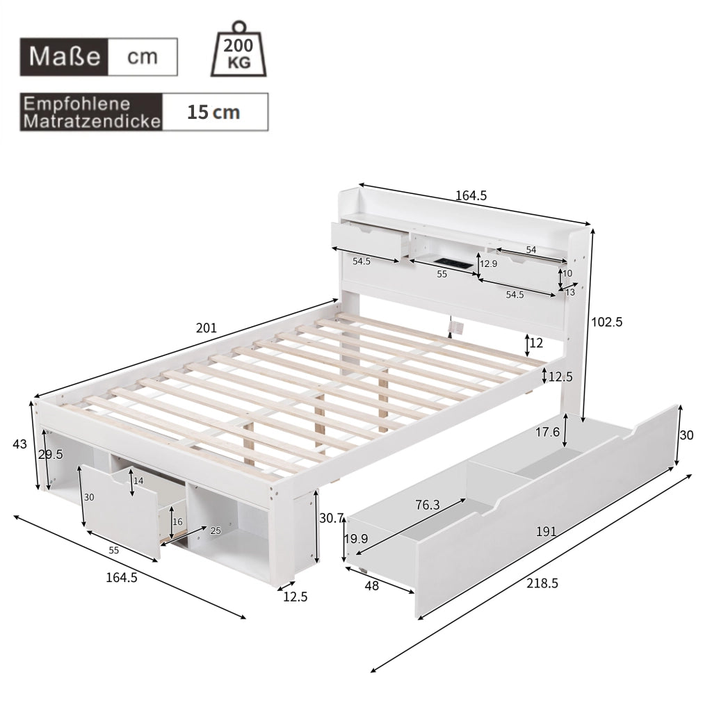 Letto multifunzionale 160x200 cm con USB, Type-C, cassetti e vani contenitore, bianco, senza materasso